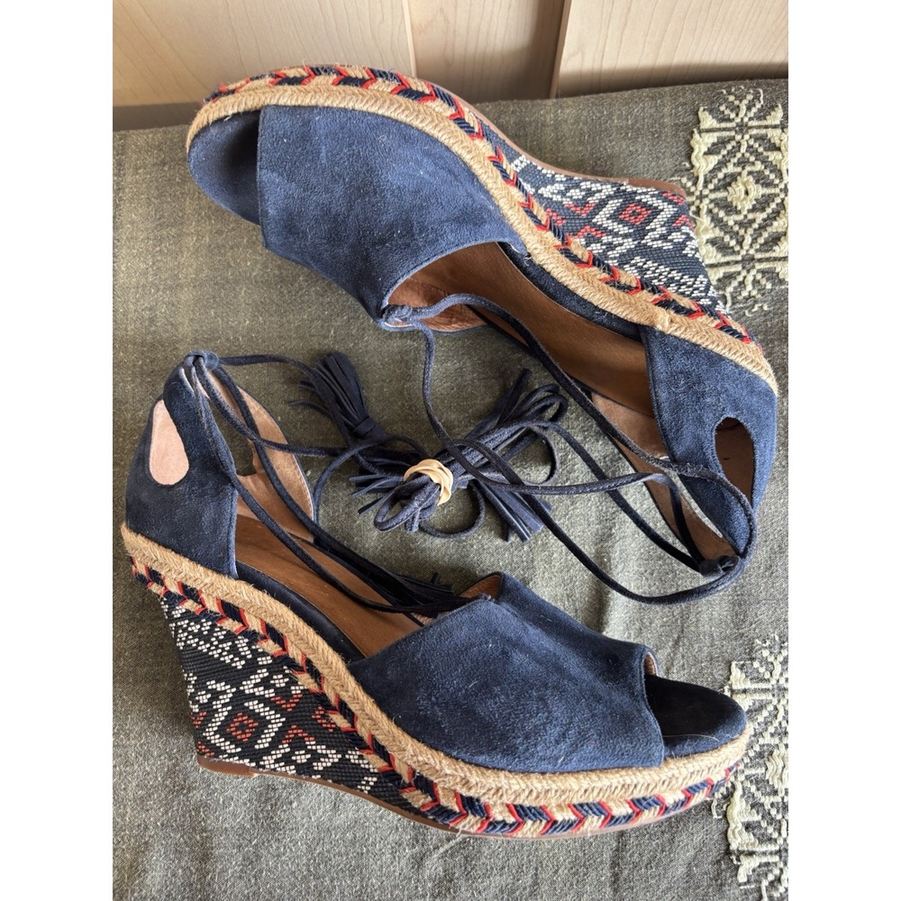 Cabi Isla Blue Suede Aztec Espadrille Wedge Heel Tie Up Womens Sz‎ 7M #6001